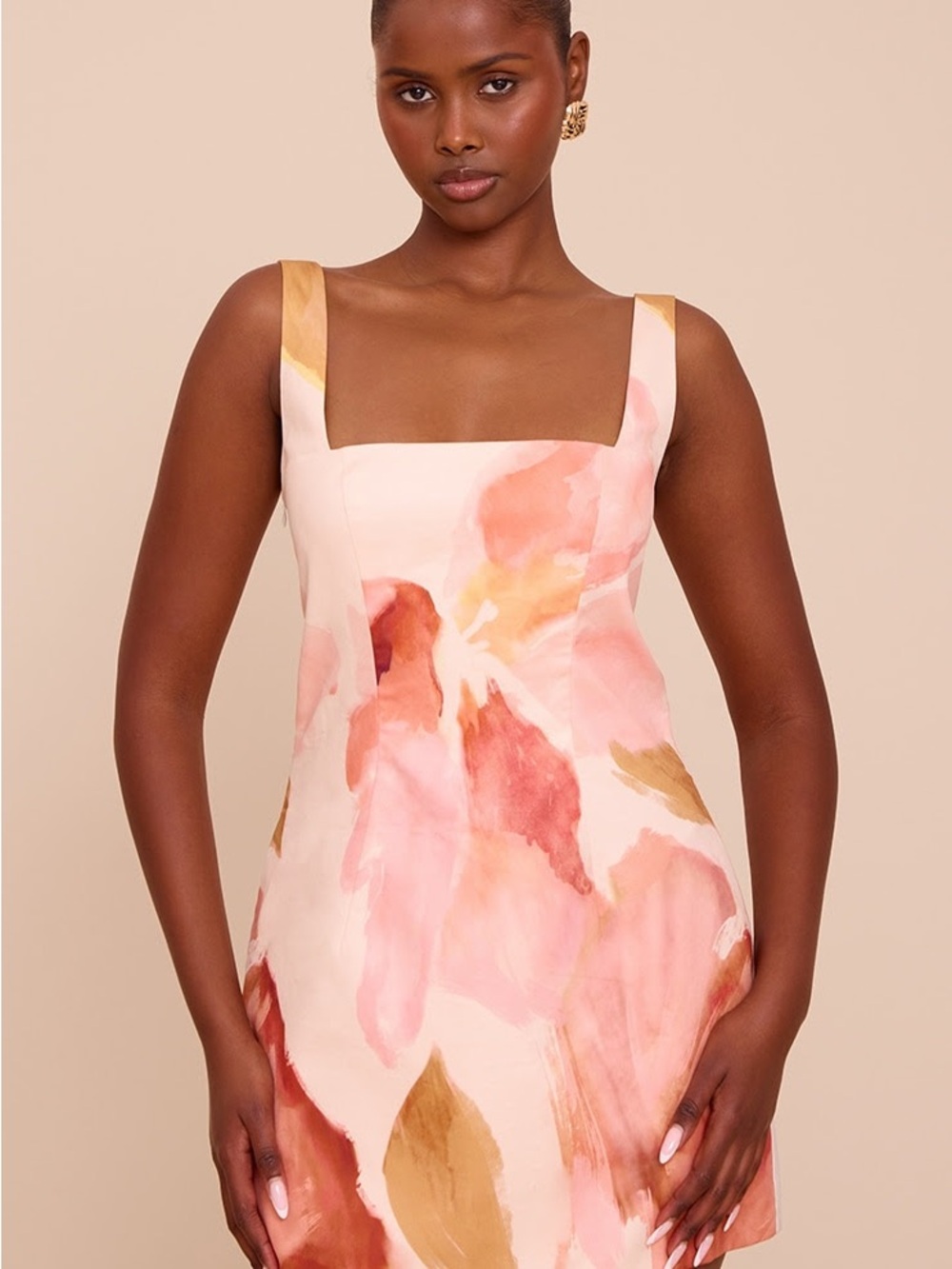 PrettyLittleThing Square-Neck Watercolor Floral Mini Dress in Pink & Cream